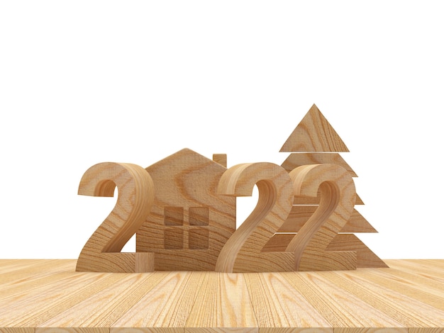 Casa de madeira com uma árvore de natal e o número do ano novo