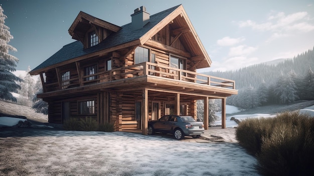 Casa de madeira de dois andares com telhado de duas águas nas montanhas Conceito de arquitetura 3d gerado