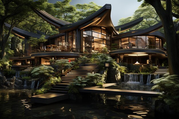 Casa de madeira ecológica tailandesa projetada para combinar perfeitamente com o natural