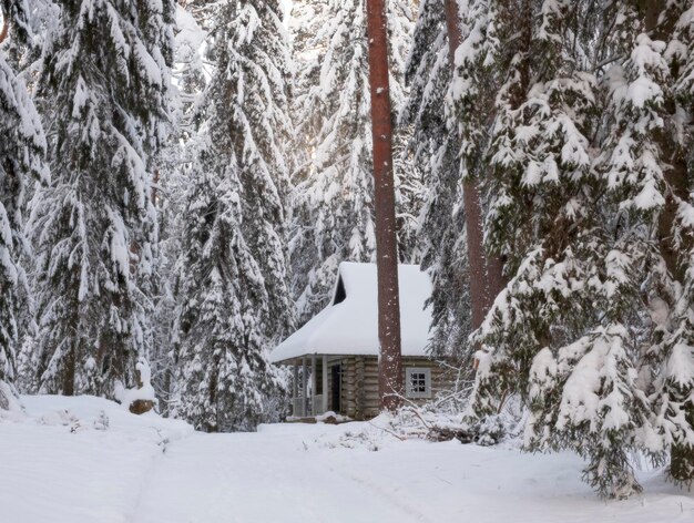 Casa de madeira em uma floresta de neve de conto de fadas de inverno