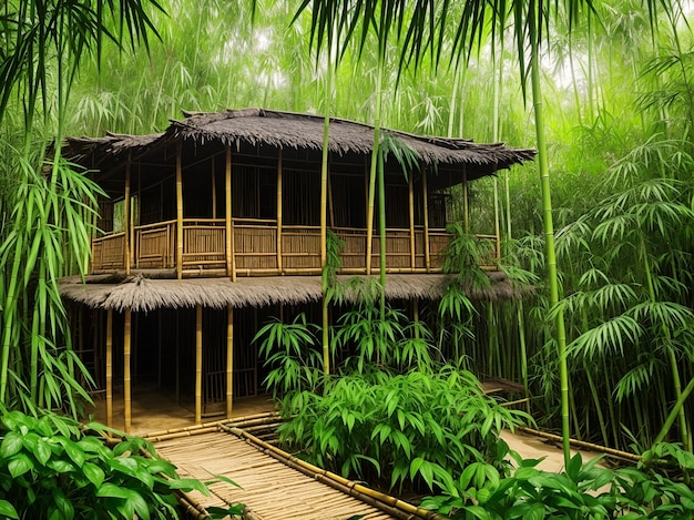 Casa de madeira feita de bambu na selva