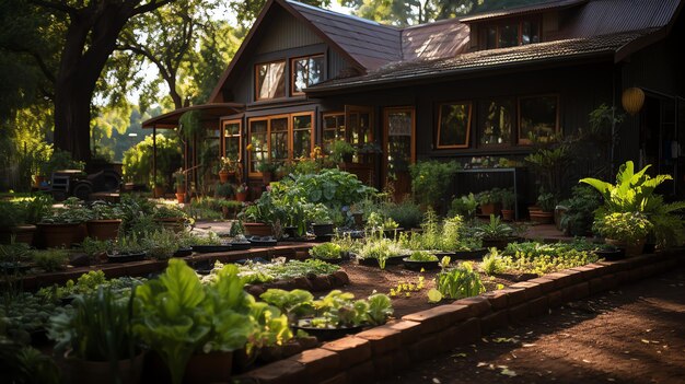 Casa de madeira na aldeia com plantas e flores no jardim do quintal Jardim e flor na casa rural