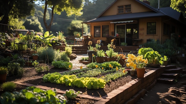 Casa de madeira na aldeia com plantas e flores no jardim do quintal Jardim e flor na casa rural