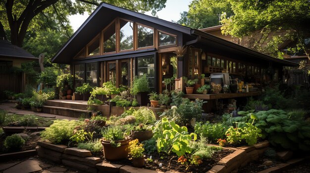 Casa de madeira na aldeia com plantas e flores no jardim do quintal Jardim e flor na casa rural