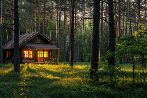 Casa de madeira na floresta à noite Bela paisagem de verão com IA gerada