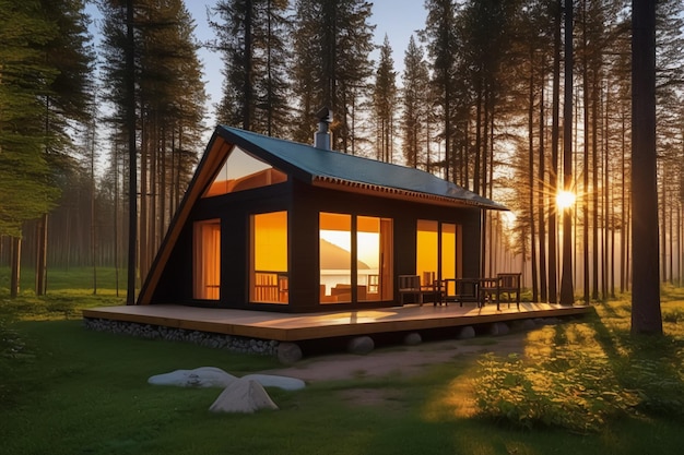 Casa de madeira na floresta de montanha com jacuzzi do lado de fora