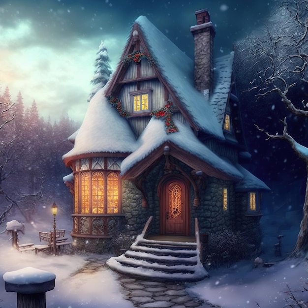 Casa de madeira na floresta de neve Ilustração mágica do país das maravilhas do inverno 3D