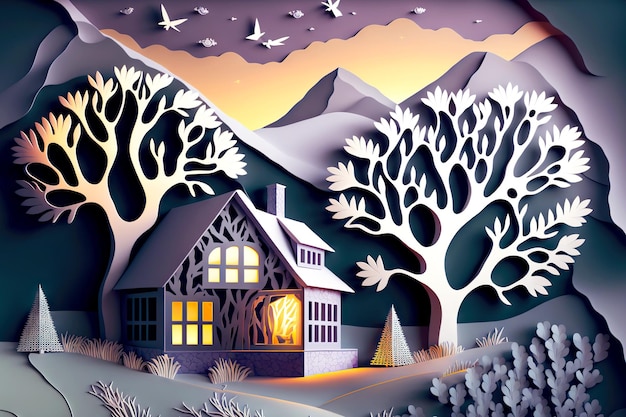 Casa de madeira na floresta nas montanhas da paisagem de inverno de papel noturno