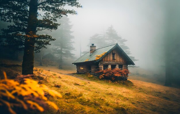 Casa de madeira na floresta numa manhã nebulosa