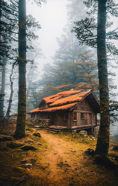 Casa de madeira na floresta numa manhã nebulosa