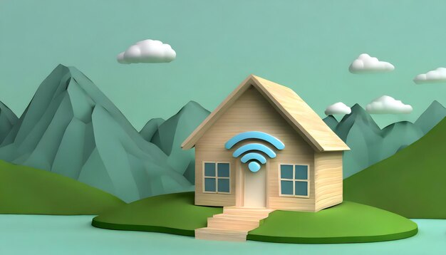 Casa de madeira no campo com sinal de ligação wi-fi
