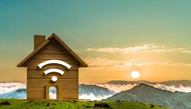 Foto casa de madeira no campo com sinal de ligação wi-fi