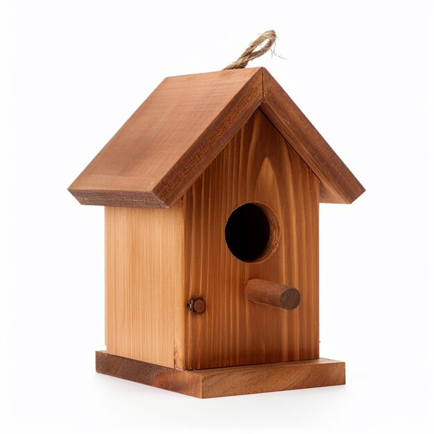 Casa de madeira para pássaros isolados em closeup branco