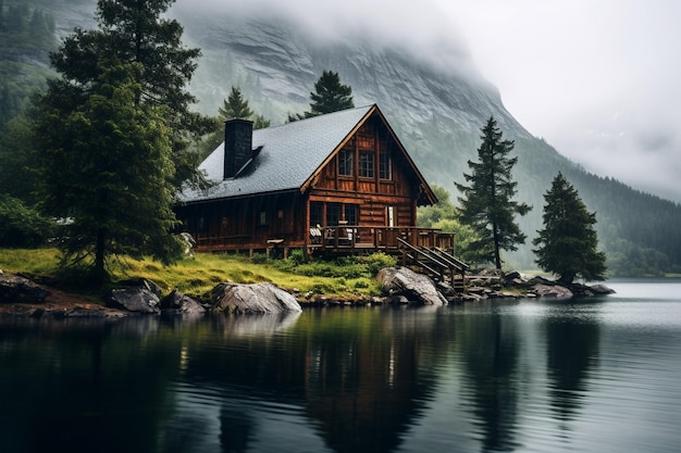 Casa de madeira perto de um lago de montanha em tempo chuvoso