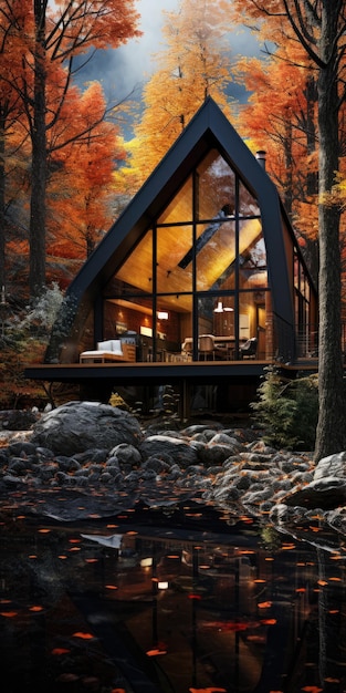 Casa de madeira triangular nas estruturas da floresta de outono feitas de madeira e pedra AI generativa