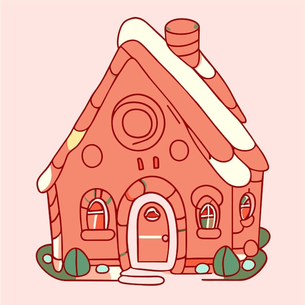 Casa de Natal com neve desenhada à mão plana elegante adesivo de desenho animado conceito de ícone isolado