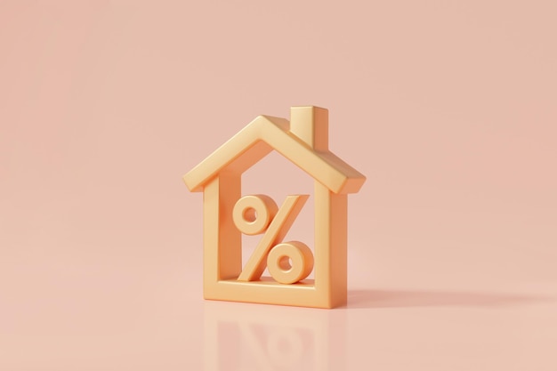 Casa de ouro 3d e símbolo de porcentagem Taxa de juros financeira e conceito de taxas de hipoteca Investimento em hipoteca de negócios imobiliários e pagamento de imposto de empréstimo financeiro Ilustração de renderização de ícone 3D em casa nova