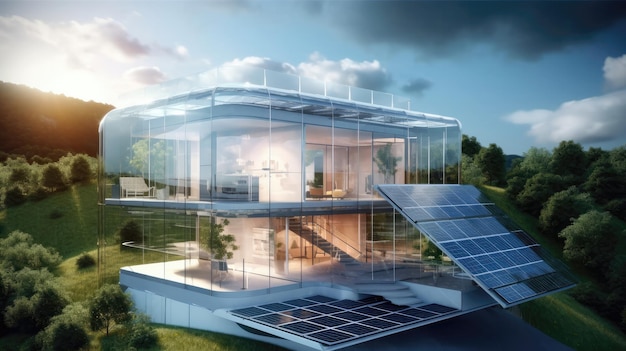 Casa de painel solar transparente de renderização 3D com IA geradora de armazenamento de energia