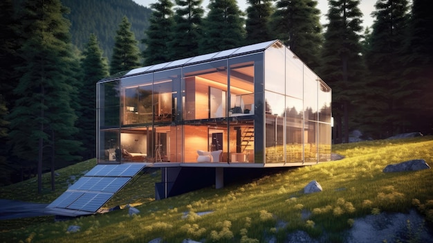 Casa de painel solar transparente de renderização 3D com IA geradora de armazenamento de energia