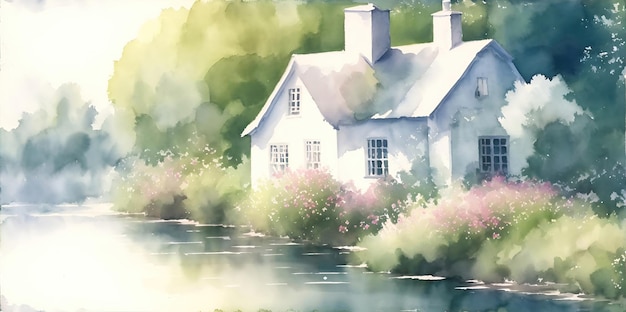 Casa de paisagem em aquarela no rio lago