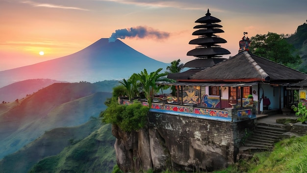 Foto casa de paisagem na montanha vulcão batur bali indonésia