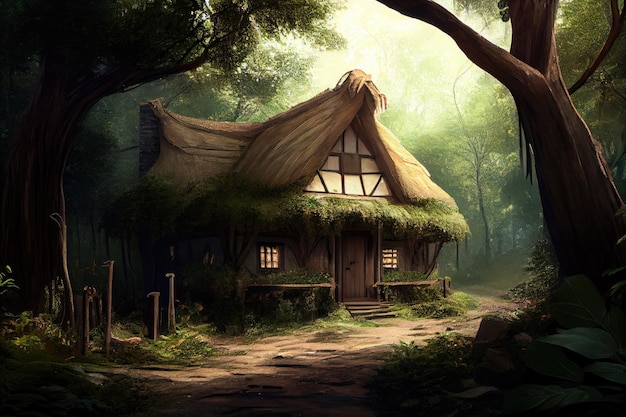 Casa de palha cercada por uma vegetação luxuriante no meio da floresta