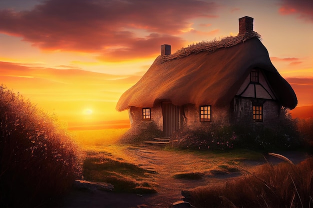 Casa de palha com vista para o nascer do sol cercada pelas cores quentes da manhã