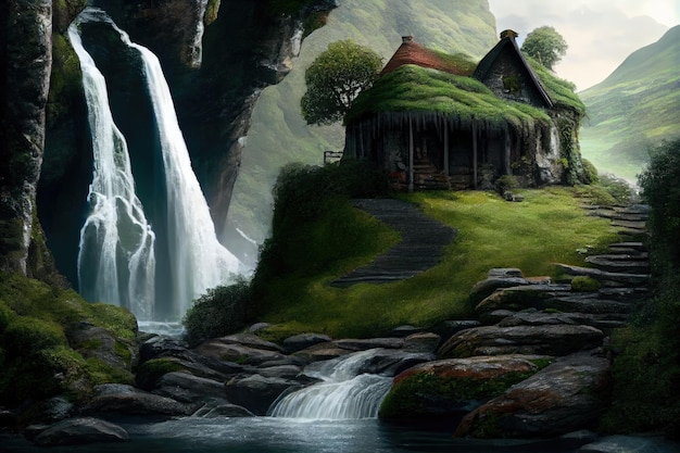 Casa de palha no penhasco com vista para cachoeira cercada por vegetação exuberante