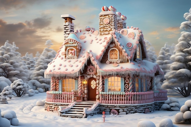 Casa de pão de gengibre de inverno com decoração de doces AI
