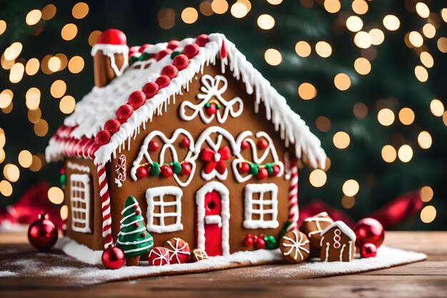 Casa de pão de gengibre de Natal com uma árvore de Natal ao fundo.