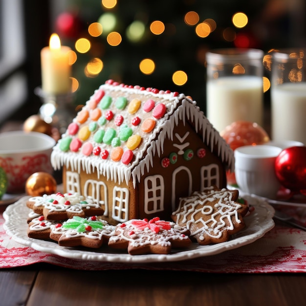 Casa de pão de gengibre Guloseimas doces, bastões de doces e cobertura de neve