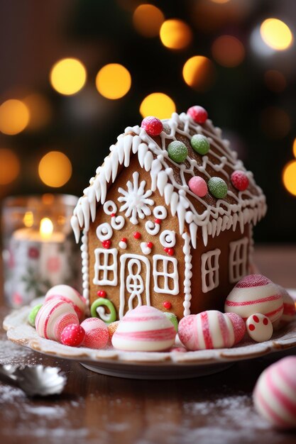 Casa de pão de gengibre Guloseimas doces, bastões de doces e cobertura de neve