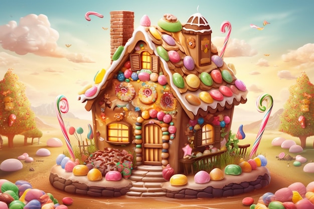 Casa de pão de Páscoa com doces coloridos e pirulitos
