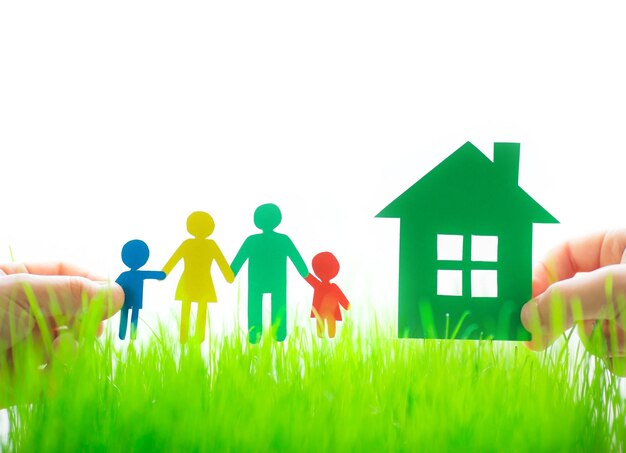 Casa de papel e família em mãos sobre grama verde de primavera Conceito de ecologia