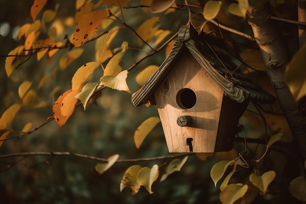 Casa de passarinho pendurada em uma ilustração de arte digital de árvore amarela
