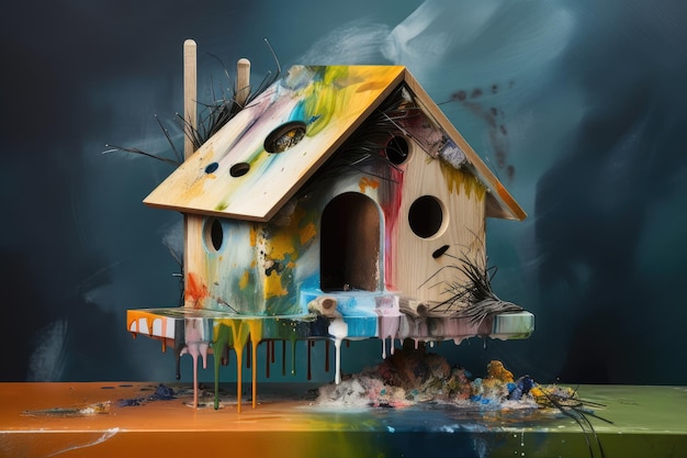 Casa de passarinho surrealista cercada por pintura abstrata criada com IA generativa