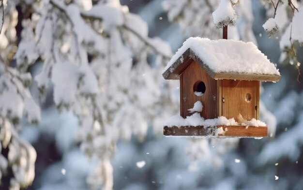 Casa de pássaros coberta de neve entre árvores de inverno