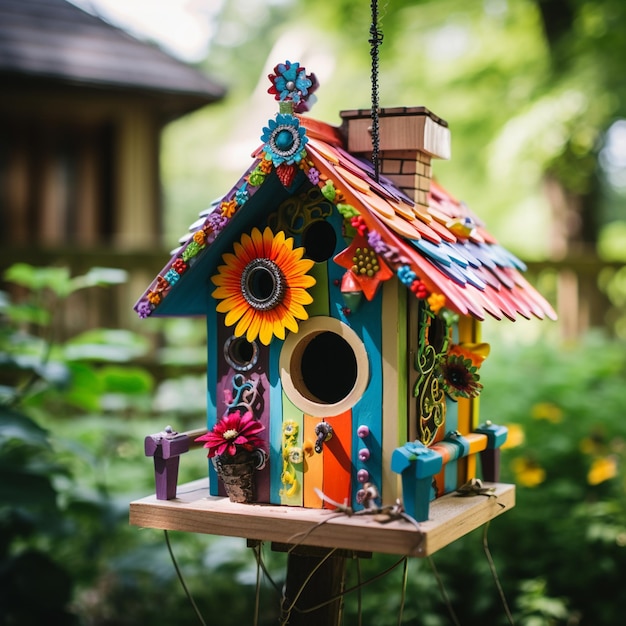 Foto casa de pássaros colorida ao ar livre