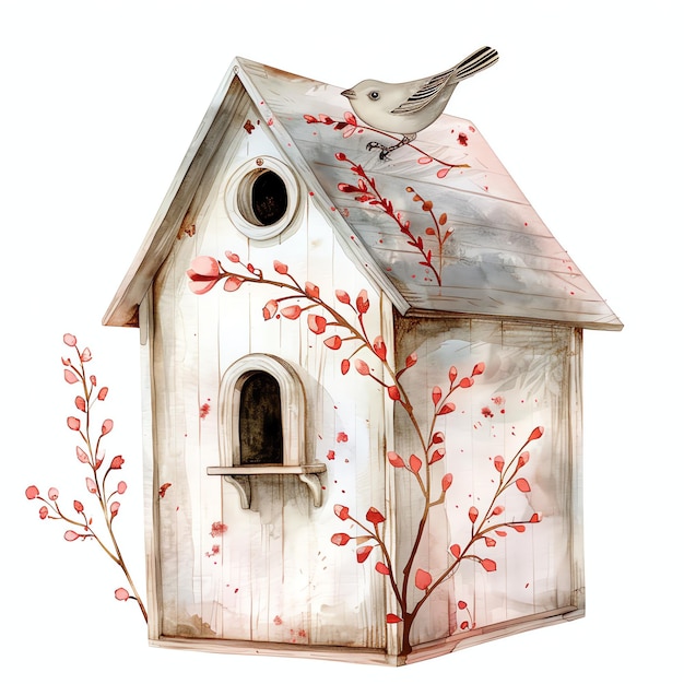 Foto casa de pássaros cores vermelhas para estética menina viajando aquarela
