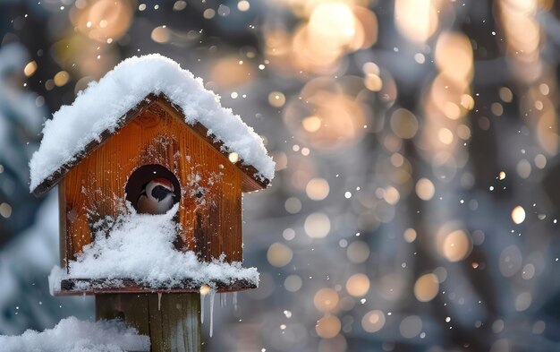 Casa de Pássaros na Neve com Chickadee