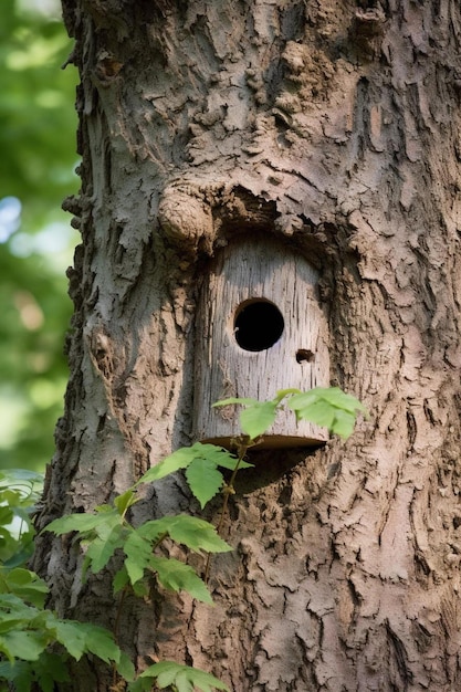 Foto casa de pássaros no buraco de uma árvore