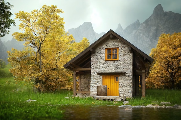 Casa de pedra com telhado de madeira em montanhas de tempo chuvoso e margem do lago no outono