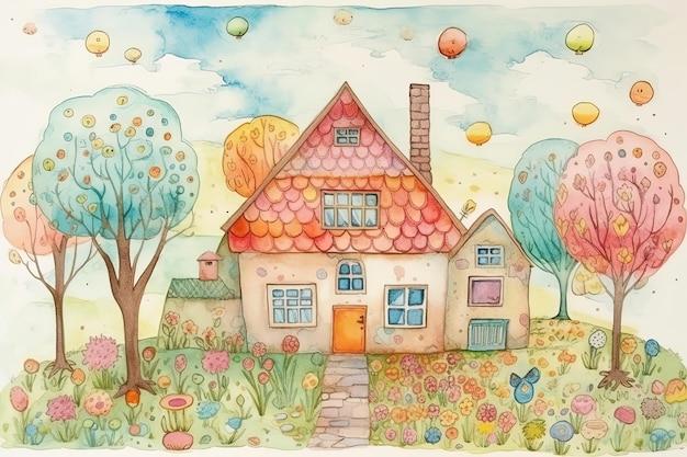 casa de pintura em aquarela no campo com flores e árvores Desenho a lápis com estilo infantil