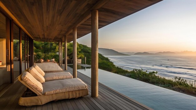 Casa de praia de luxo com janelas de vidro e a bela paisagem do mar