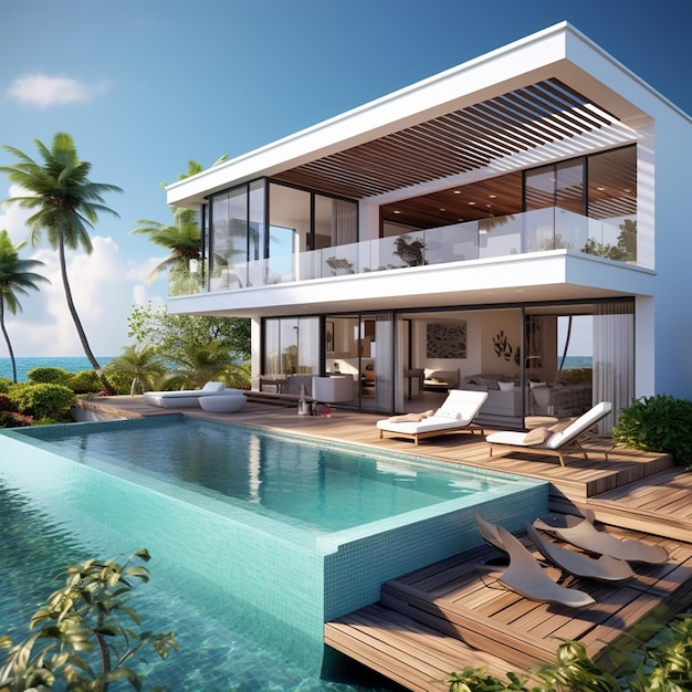 Casa de praia de luxo com piscina e terraço com vista para o mar em design moderno
