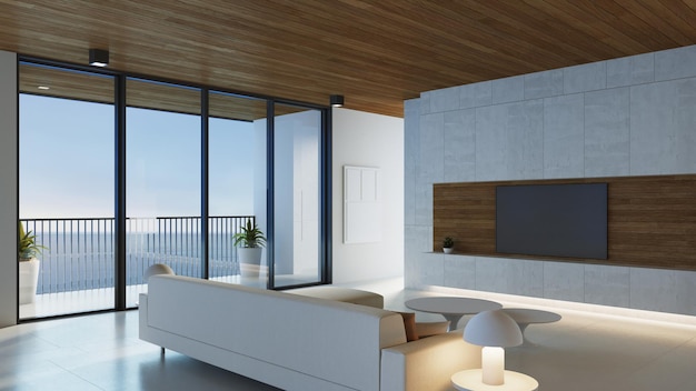 Casa de praia moderna de luxo e vista para o mar do hotel - renderização em 3D