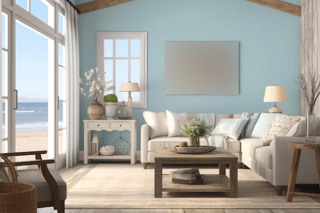 Casa de praia vintage de madeira azul branco interior Generative AI