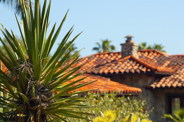 Casa de telhado de terracota yucca em primeiro plano