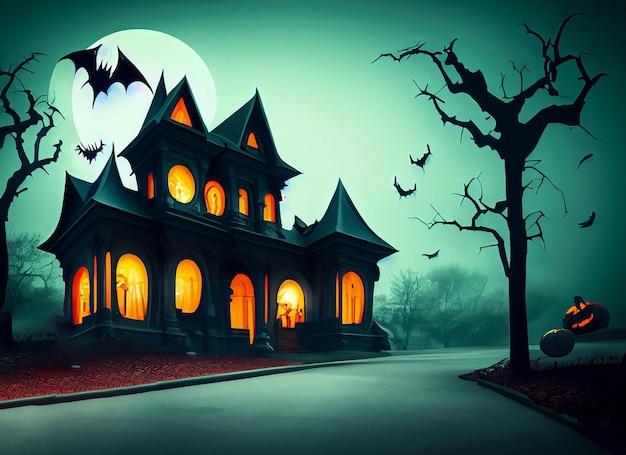 casa de terror conceito de Halloween no fundo