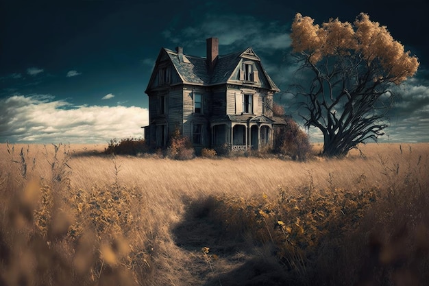 Casa de terror rural abandonada no meio do campo de outono